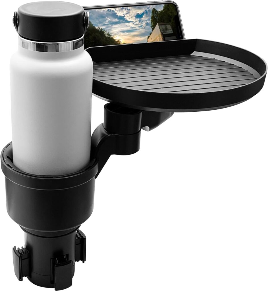 Macally Cup Holder Tray- Perfect Adjustable Car Food Tray for Eating with Phone Slot and Swivel Arm -Organizer - Road Trip Essential Car Travel Accessories Gadgets