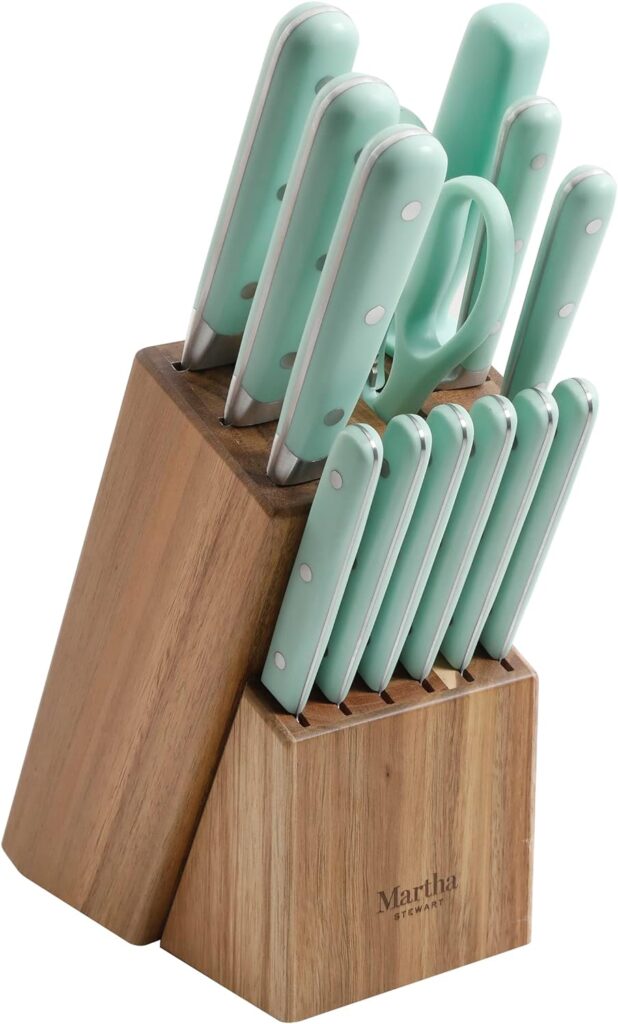 MARTHA STEWART Eastwalk 14 Piece High Carbon Stainless Steel Cutlery Knife Block Set w/ABS Triple Riveted Forged Handle Acacia Wood Block - Linen White