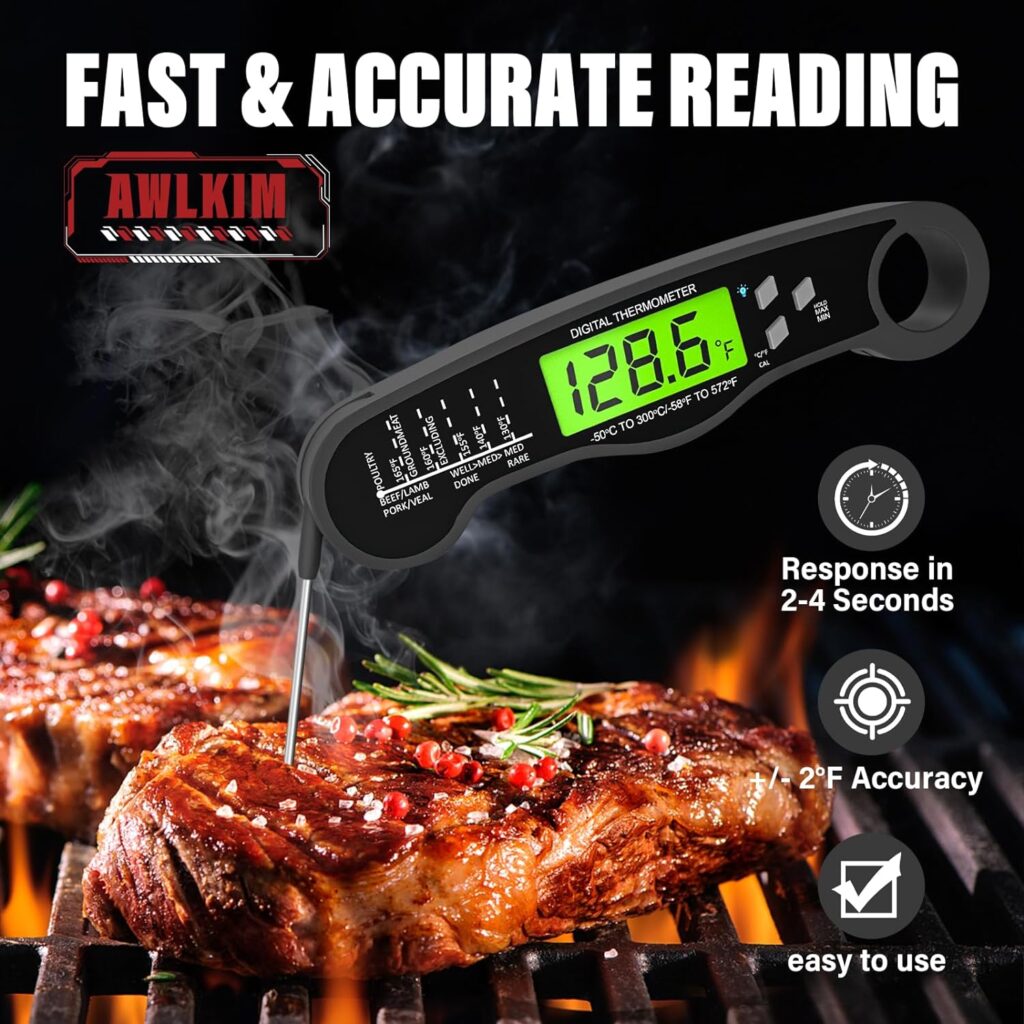 Meat Thermometer Digital - Fast Instant Read Food Thermometer for Cooking, Candy Making, Outside Grill, Waterproof Kitchen Thermometer with Backlight  Hold Function - Red