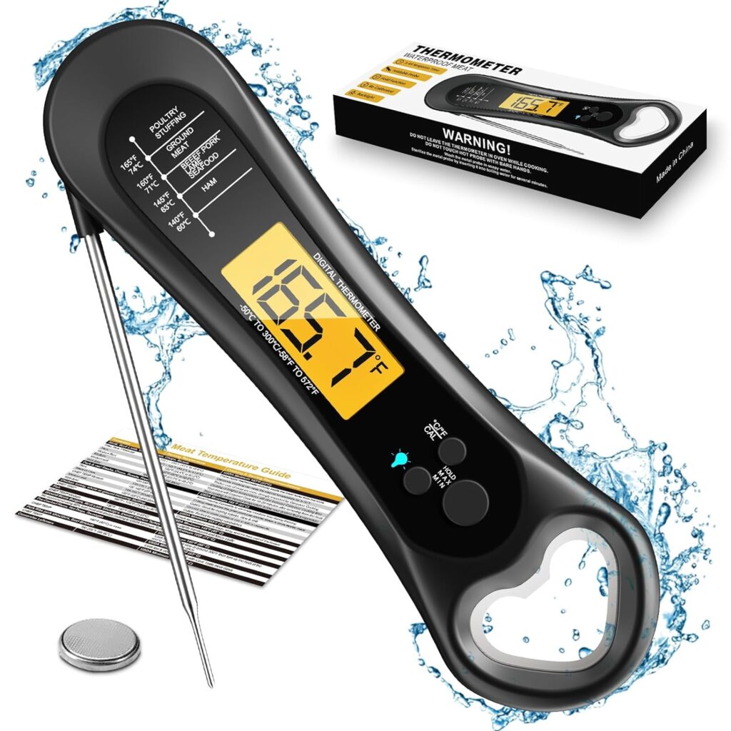 Meat Thermometer for Grilling, Digital Instant Read Food Thermometer with Bottle Cap Opener, Kitchen Gadgets with Backlight  Calibration for Candy, BBQ, Grill,Liquids, Beef, Turkey