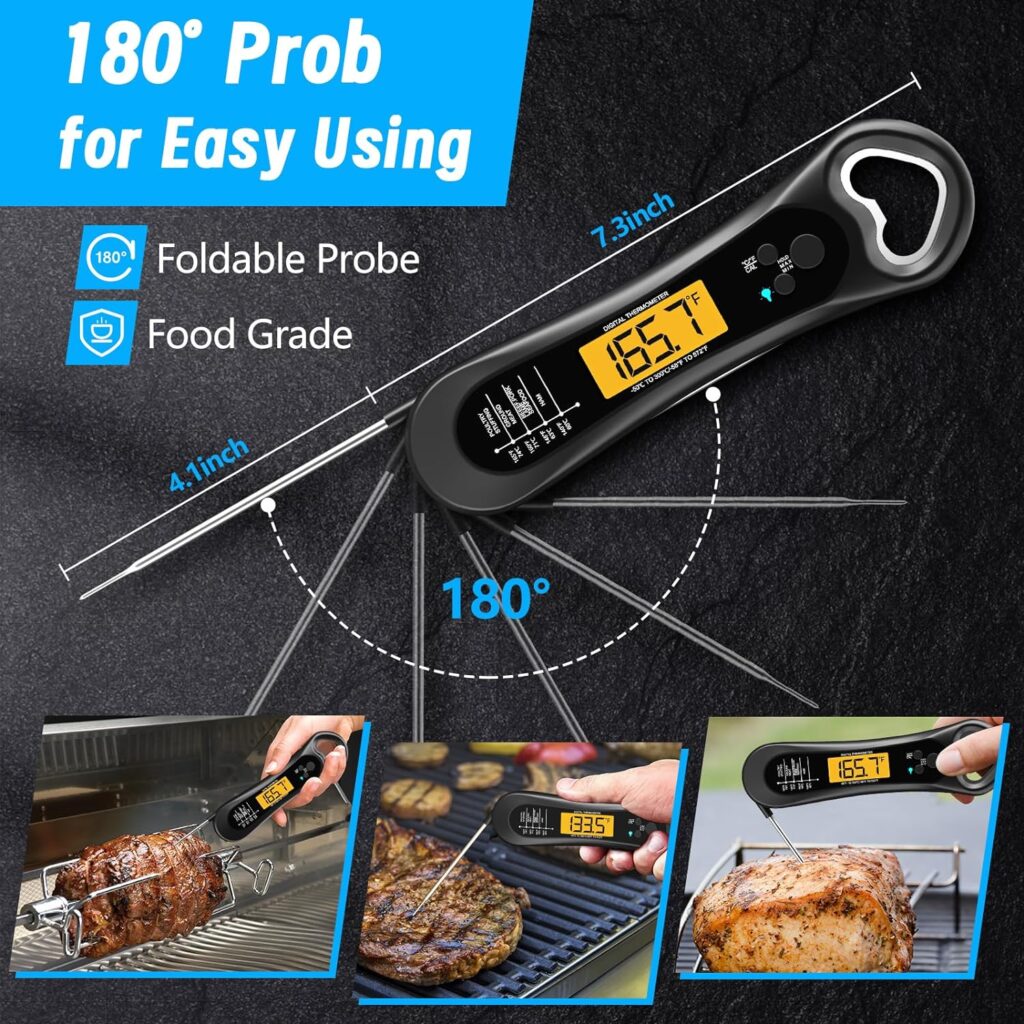 Meat Thermometer for Grilling, Digital Instant Read Food Thermometer with Bottle Cap Opener, Kitchen Gadgets with Backlight  Calibration for Candy, BBQ, Grill,Liquids, Beef, Turkey