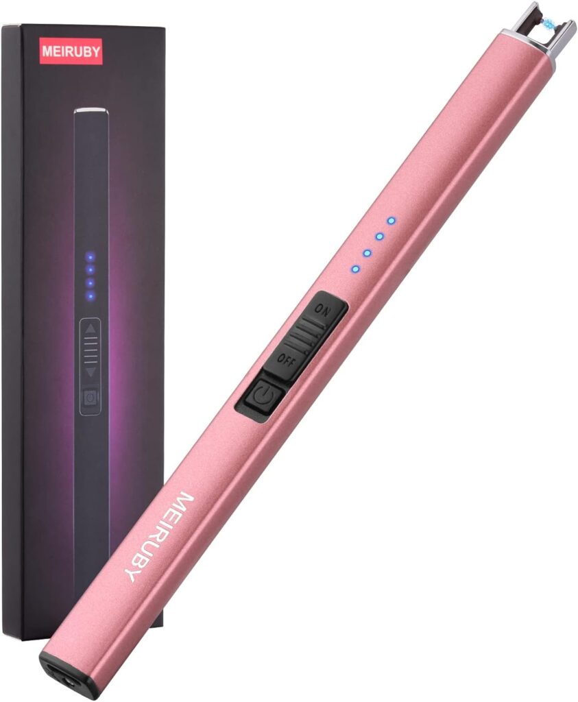 MEIRUBY Lighter Electric Candle Lighter Long Electronic Rechargeable USB Lighter Arc Windproof Flameless Lighters for Candle Camping BBQ Birthday Womens Day Gifts for Women Mom Wife Men, Rose Gold