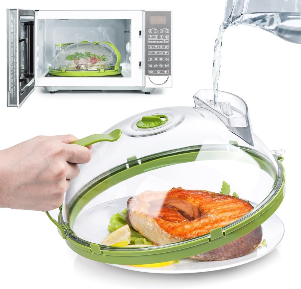 Microwave Cover for Food, Clear Microwave Splatter Cover with Water Steamer and Handle, 10 Inch Plate Covers, Kitchen Gadgets and Accessories, House Essentials for Gifts, Green