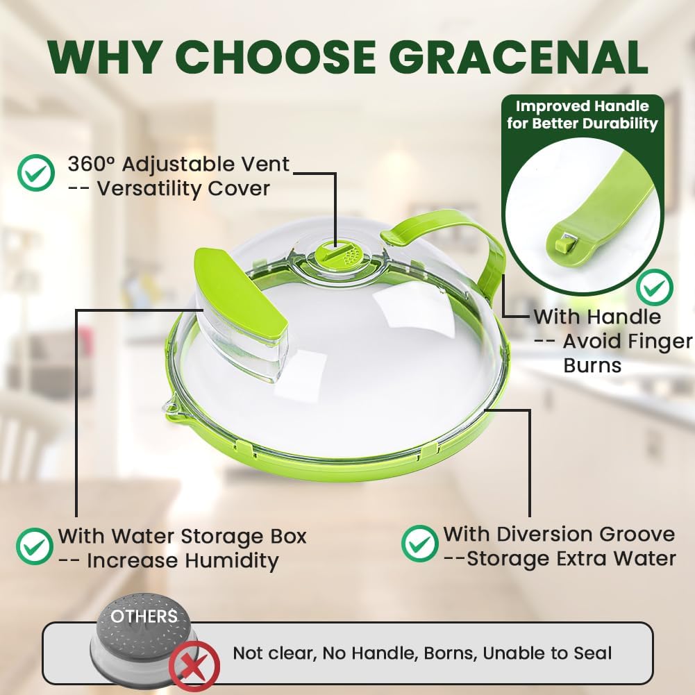 Microwave Cover for Food, Clear Microwave Splatter Cover with Water Steamer and Handle, 10 Inch Plate Covers, Kitchen Gadgets and Accessories, House Essentials for Gifts, Green