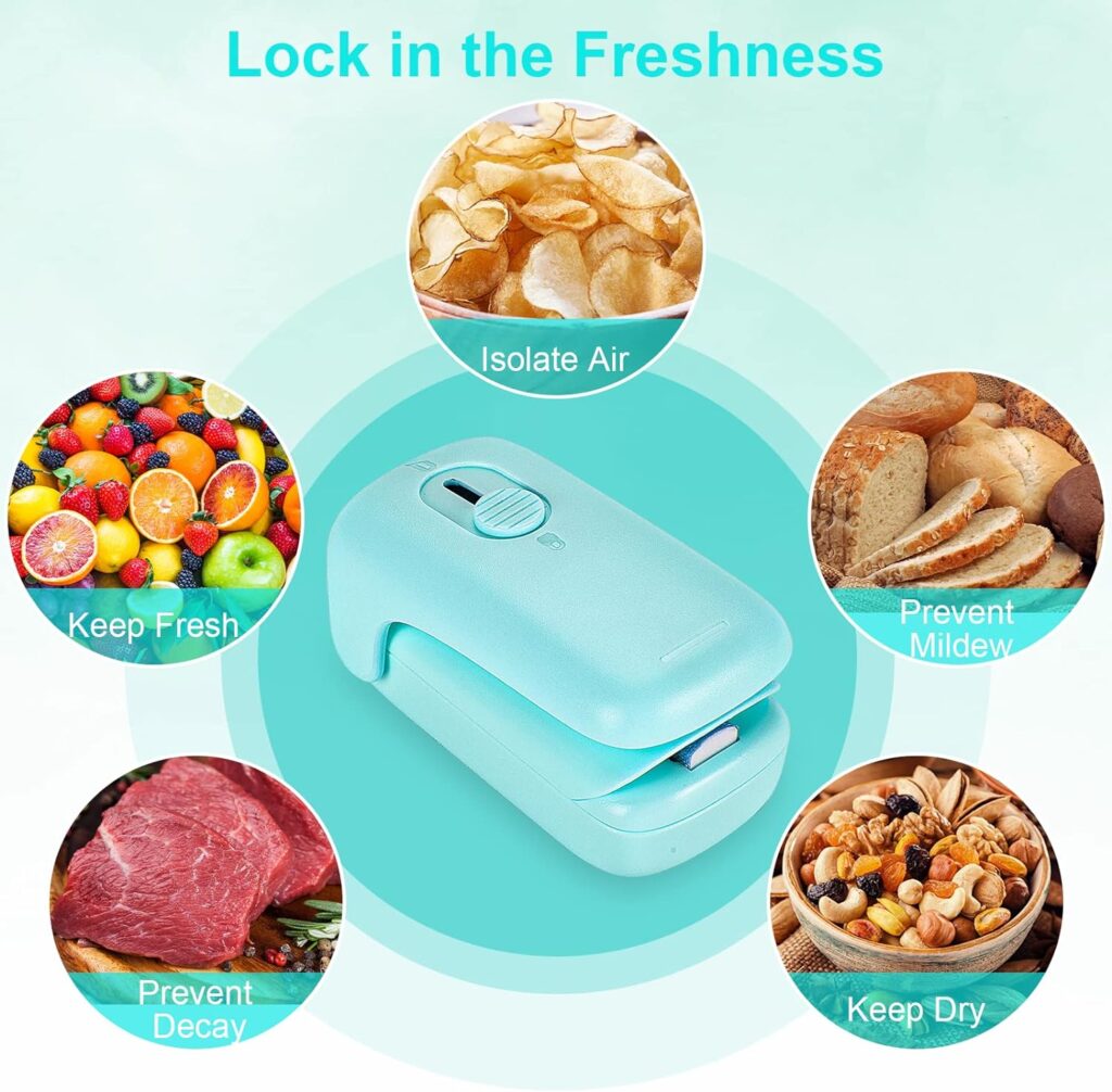 Mini Kenossion Chip Bag Sealer - Heat Seal with Cutter  Magnet, Portable Mini Sealing Machine to Reseal Plastic Bags  Keep Snacks Fresh (2xAA Batteries Included)