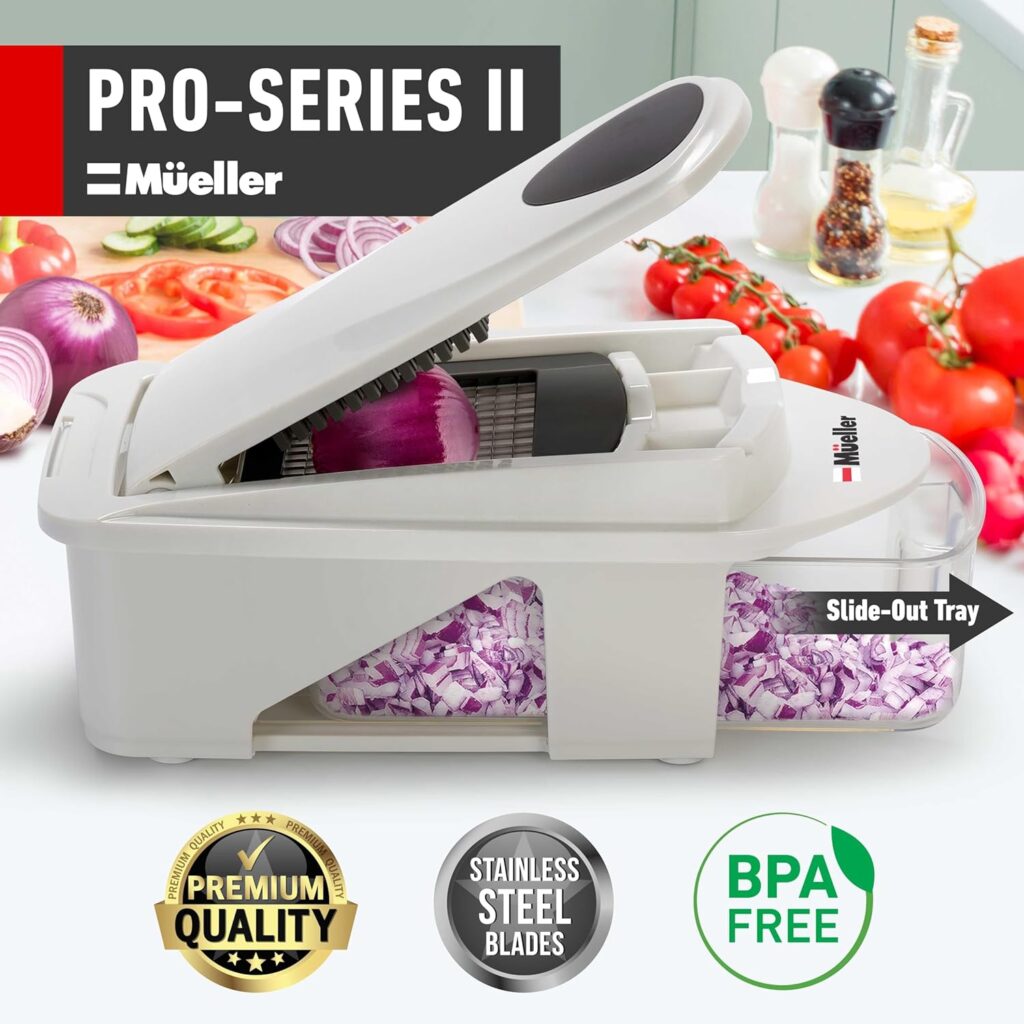 Mueller Pro-Series 10-in-1, 8 Blade Vegetable Chopper, Onion Mincer, Cutter, Dicer, Egg Slicer with Container, French Fry Cutter Potatoe Slicer, Home Essentials, Salad Chopper White Sand/Green