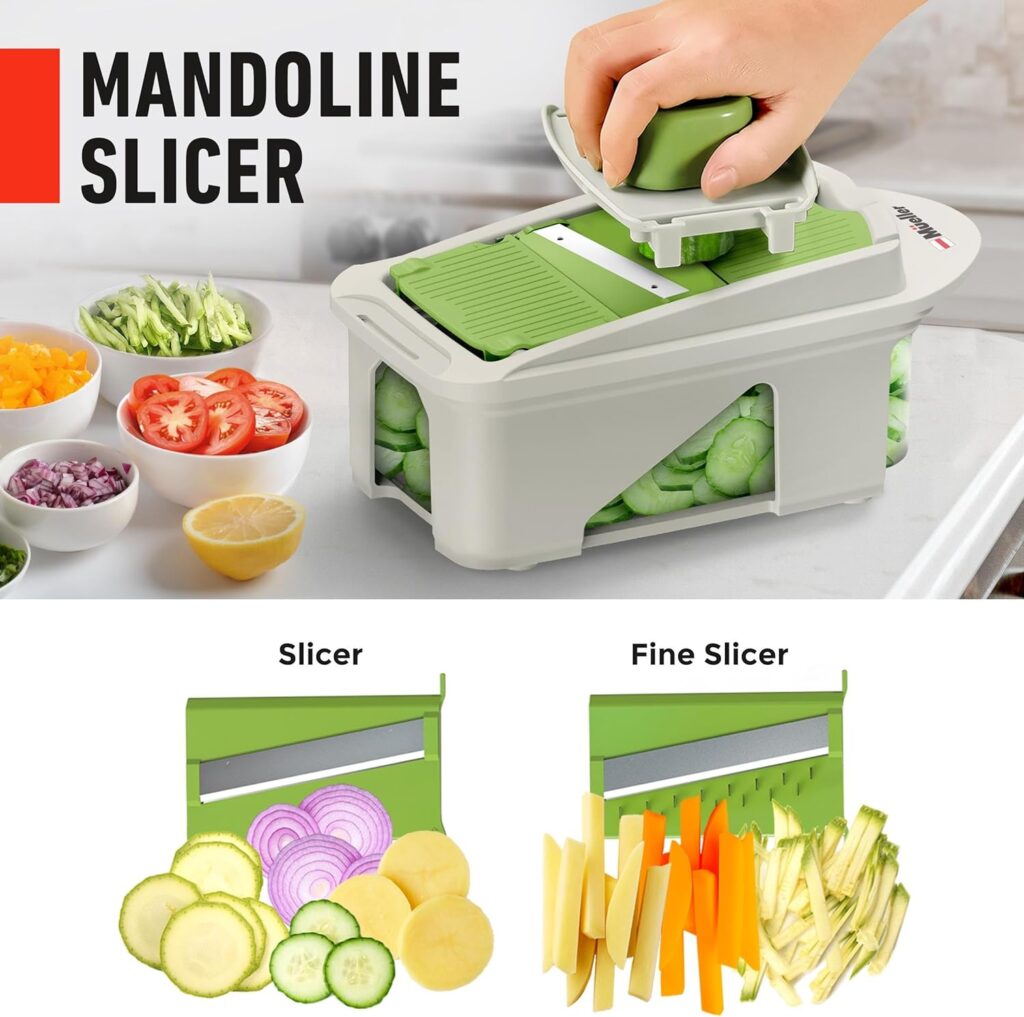 Mueller Pro-Series 10-in-1, 8 Blade Vegetable Chopper, Onion Mincer, Cutter, Dicer, Egg Slicer with Container, French Fry Cutter Potatoe Slicer, Home Essentials, Salad Chopper White Sand/Green