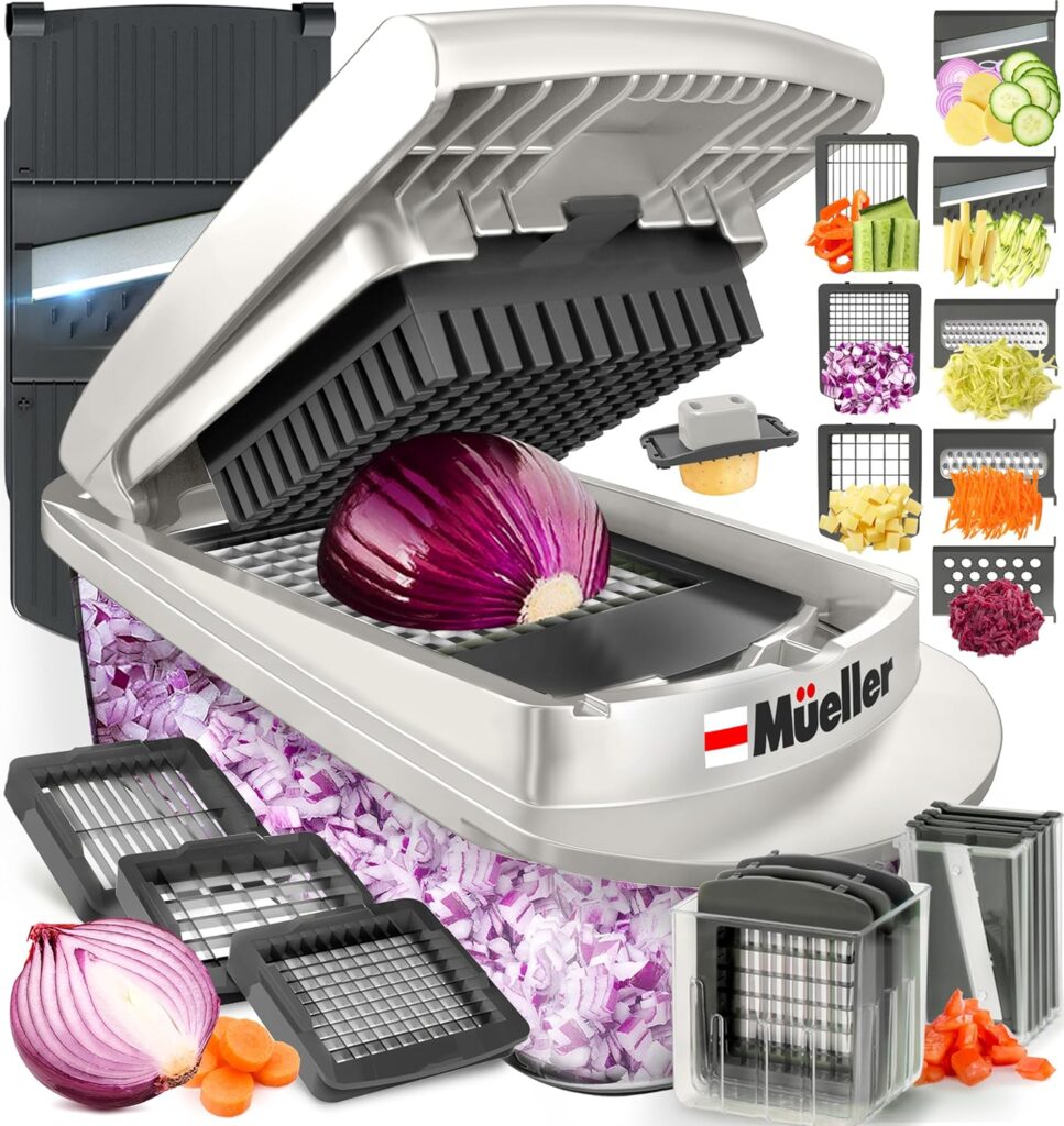 Mueller Pro-Series V Blade Vegetable Chopper, Egg Slicer, Spiralizer, Dicer, Food Chopper Veggie Fruit Cutter, French Fry Cutter, Kitchen Gadgets 2024 with Food Container White Sand/Grey