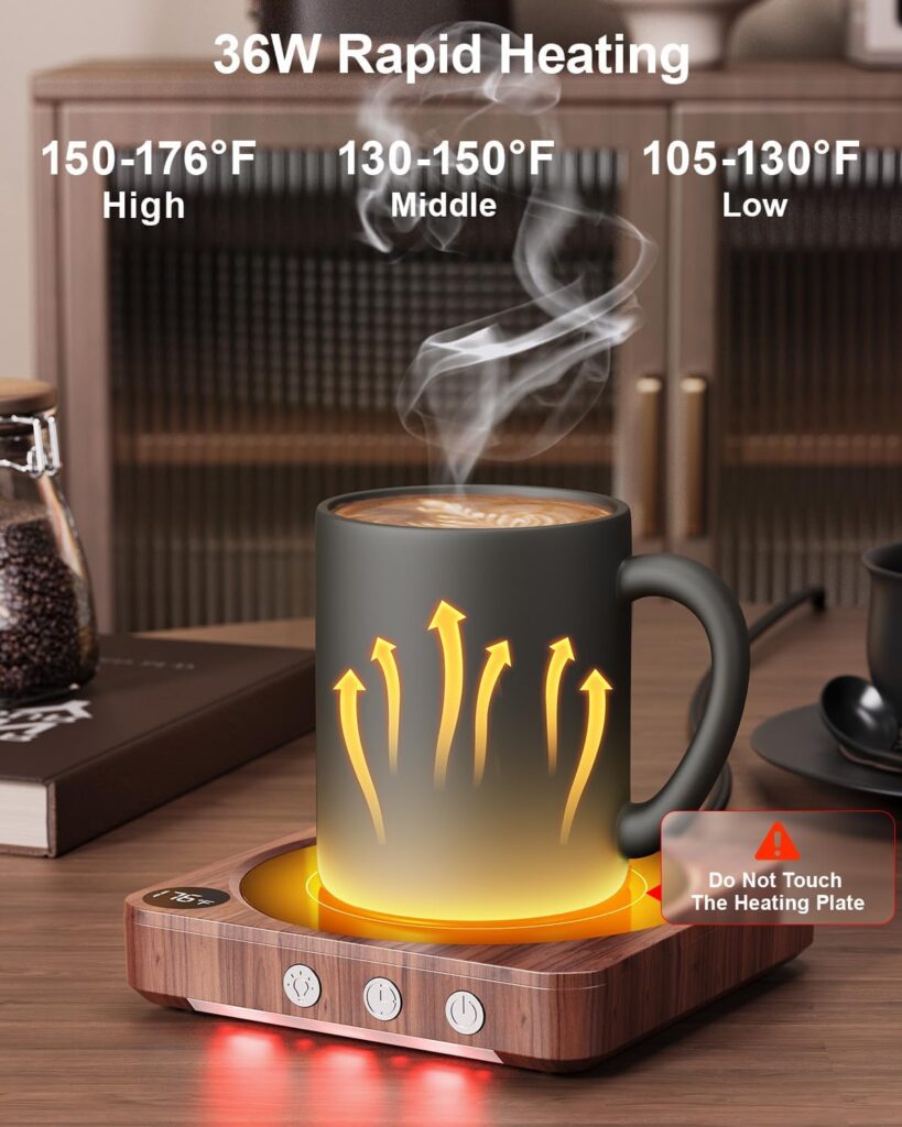 Mug Warmer - 36W Coffee Mug Warmer for Desk with Temperature Display, 2-12Hrs Auto Shut Off, Smart Candle Warmer - Ideal Coffee Gifts Accessories Keep Beverages Coffee Warmer (Wood)