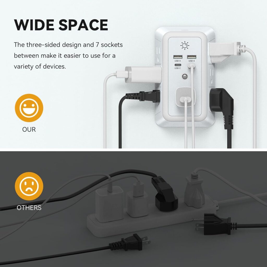 Multi Plug Outlet, USB Wall Charger, Surge Protector, 7 Outlet Extender with 4 USB Charging Ports (2 USB C) 1680J Power Strips Outlets with Night Light, Wall Plug Adapter Spaced for Home Travel Office