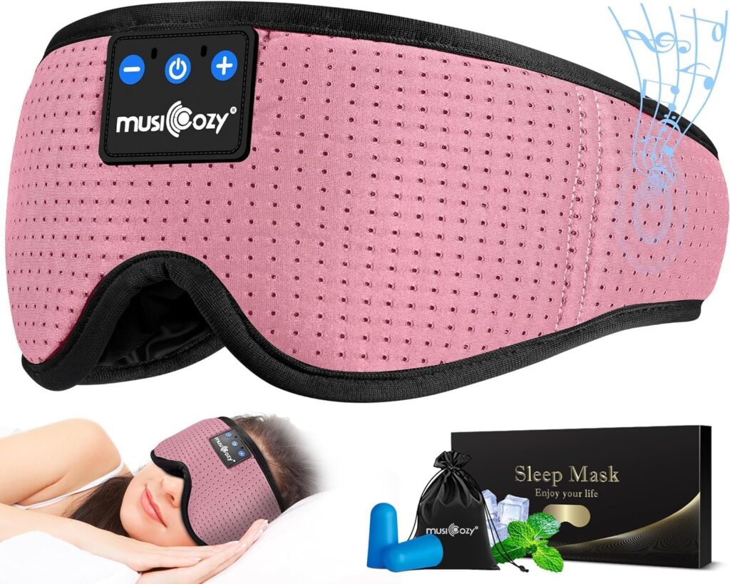 MUSICOZY Sleep Headphones Masks, Sleeping Masks Headphones Wireless Music Mask, Bluetooth Sleep Eye Mask for Sleeping for Side Sleepers Men Women with Speakers Cool Tech Gadgets Gifts(Pink)