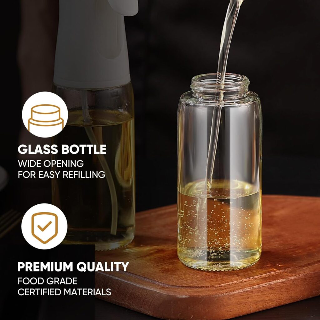 Oil Sprayer for Cooking - 200ml/6.8oz Glass Oil Spray Bottle - Continuous Olive Oil Sprayer with Portion Control - Olive Oil Dispenser Bottle - Kitchen Gadgets for Air Fryer, Salad Making