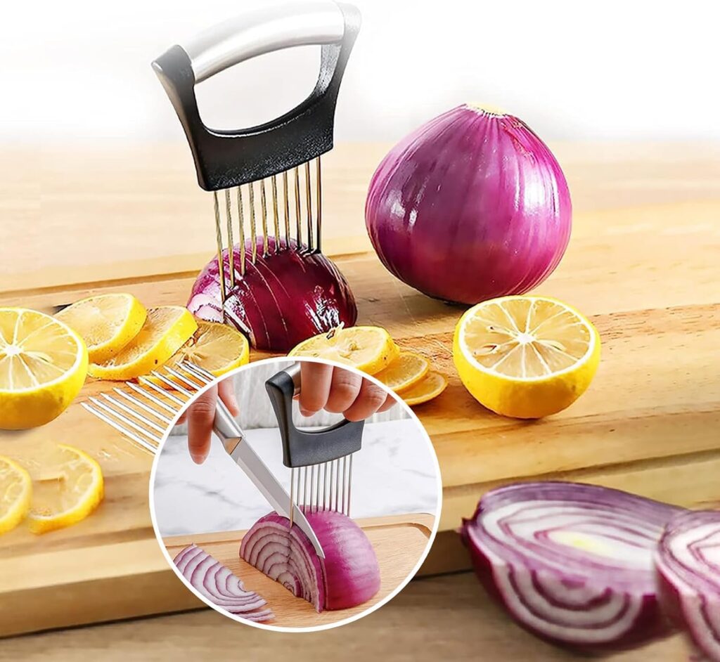 Onion Holder for Slicing, Lemon Slicer Onion Cutter for Slicing, Vegetable Cutter for Potato and Tomato, Avocados, Eggs, Food Slicer Assistant Tool for Slicing Fruit Lemon and Meat