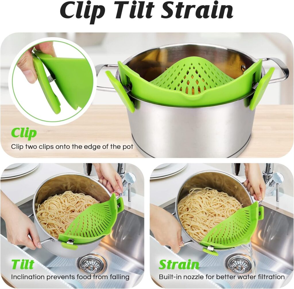 Pasta Strainer, Pot Strainer Clip on Silicone – Adjustable Clip on Strainer for Pots, Strainers and Colanders, Silicone Strainer, Food Strainer, Pasta Drainer, Colander (Green) By Stoto