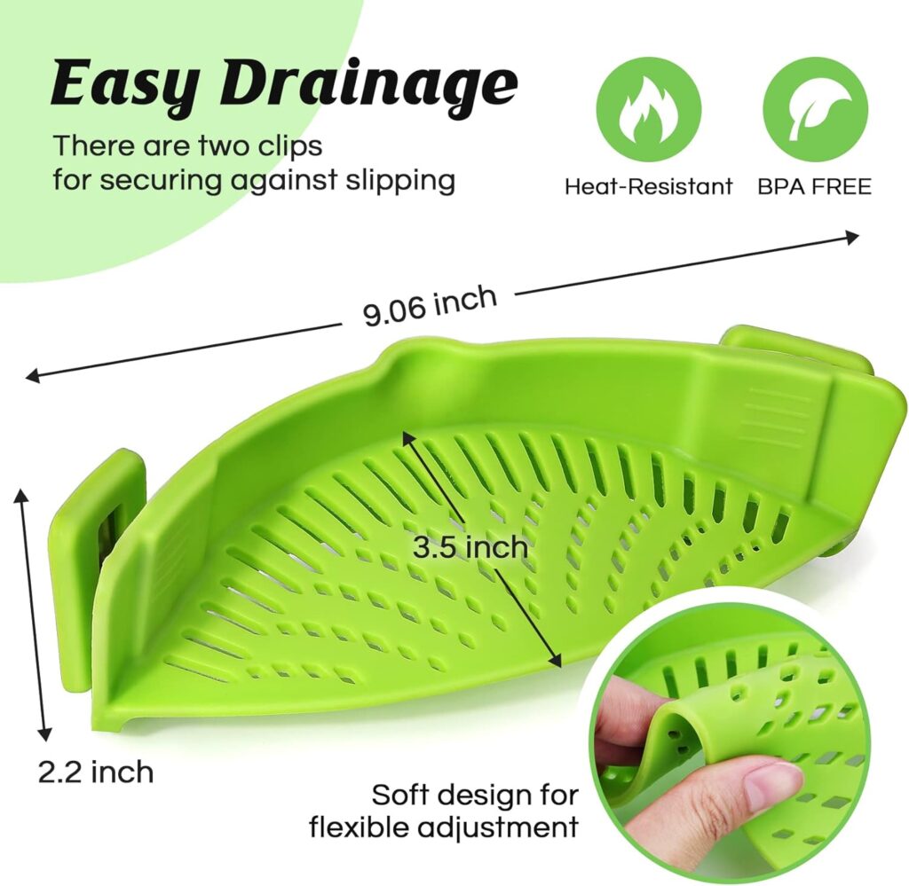 Pasta Strainer, Pot Strainer Clip on Silicone – Adjustable Clip on Strainer for Pots, Strainers and Colanders, Silicone Strainer, Food Strainer, Pasta Drainer, Colander (Green) By Stoto
