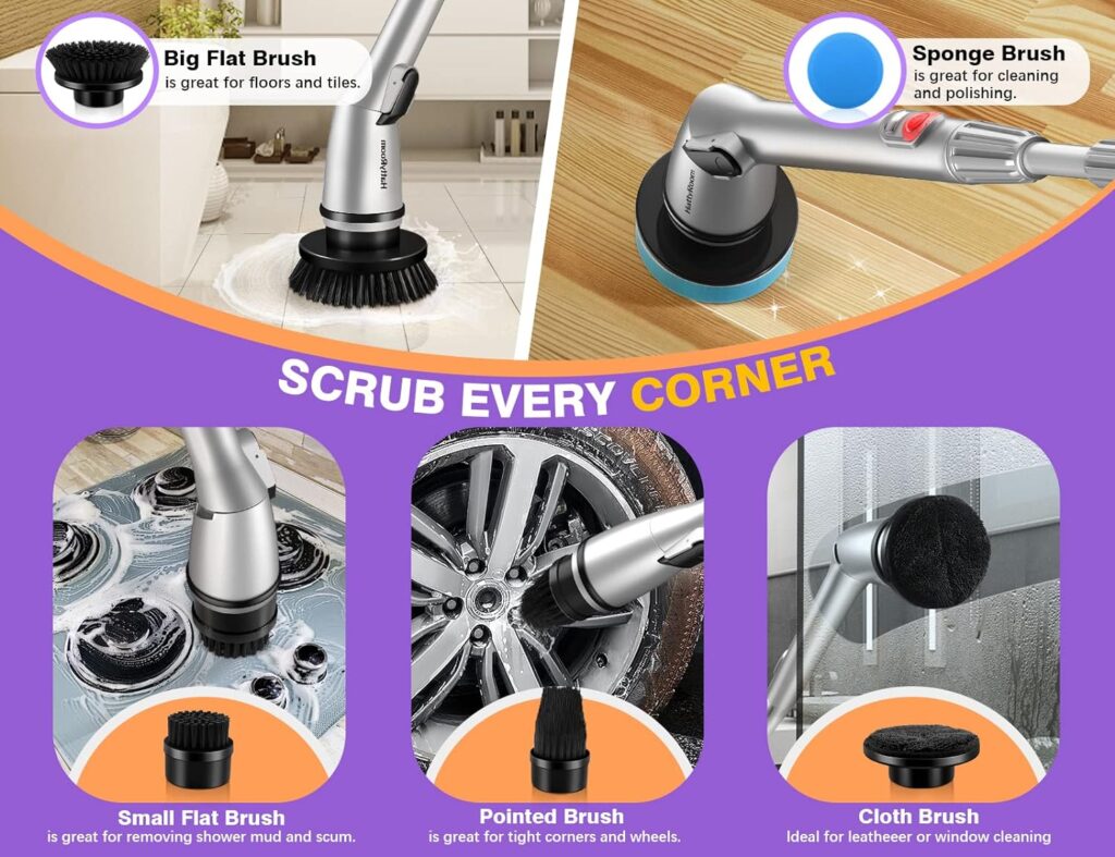 Rechargeable Cordless Electric Spin Scrubber with 5 Cleaning Brush Heads, Adjustable Shower Powerful Scrubber with Long Handle Extension Arm for Bathroom, Tub, Tile, Car, Floor