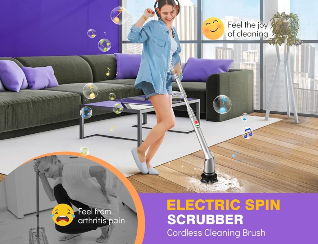 Rechargeable Cordless Electric Spin Scrubber with 5 Cleaning Brush Heads, Adjustable Shower Powerful Scrubber with Long Handle Extension Arm for Bathroom, Tub, Tile, Car, Floor