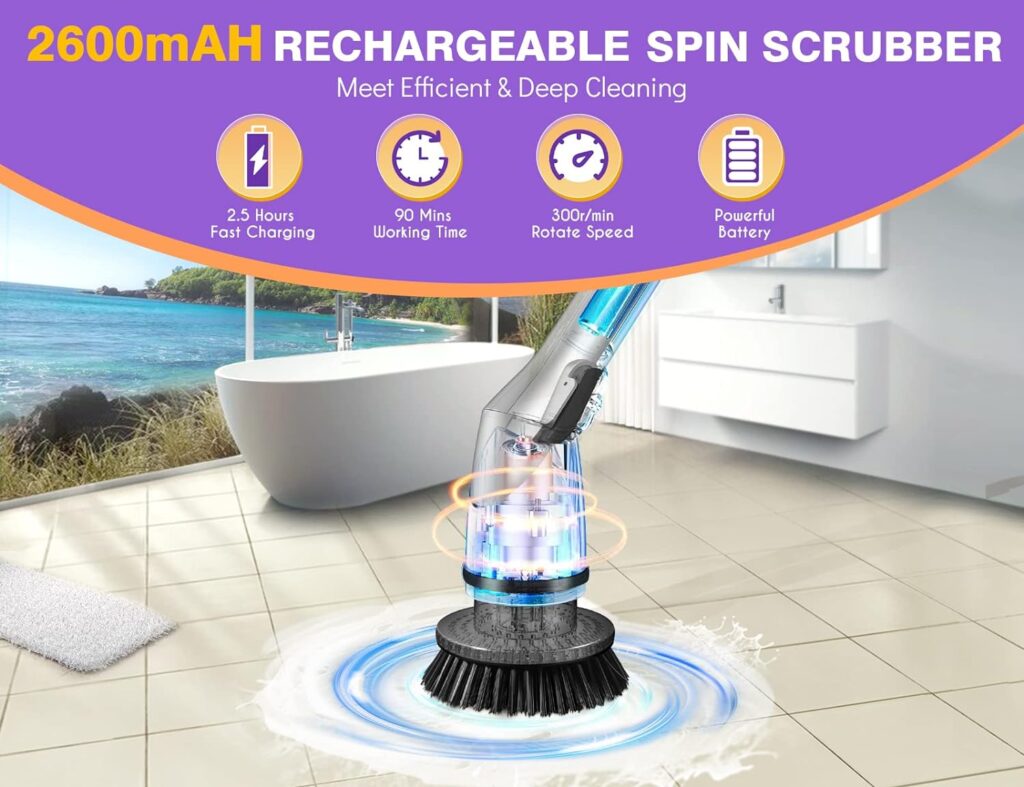 Rechargeable Cordless Electric Spin Scrubber with 5 Cleaning Brush Heads, Adjustable Shower Powerful Scrubber with Long Handle Extension Arm for Bathroom, Tub, Tile, Car, Floor