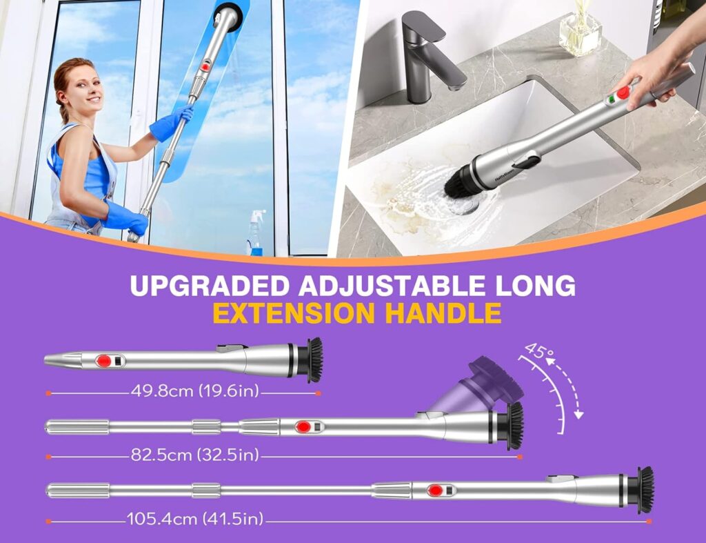 Rechargeable Cordless Electric Spin Scrubber with 5 Cleaning Brush Heads, Adjustable Shower Powerful Scrubber with Long Handle Extension Arm for Bathroom, Tub, Tile, Car, Floor