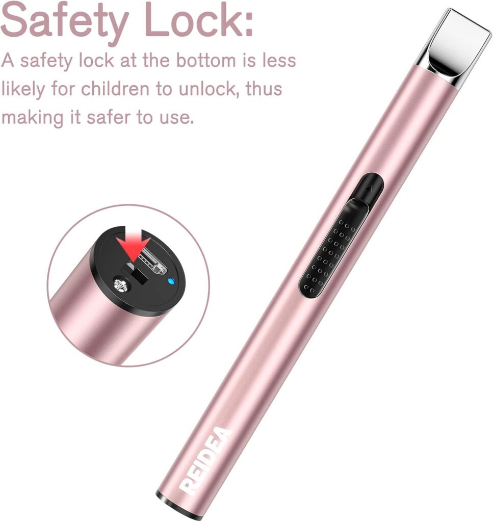 REIDEA Candle Lighter Long USB Rechargeable Lighter Arc Windproof Flameless Lighter with Safety Switch Buttom Electronic Lighter for Home Kitchen BBQ Camping Stove