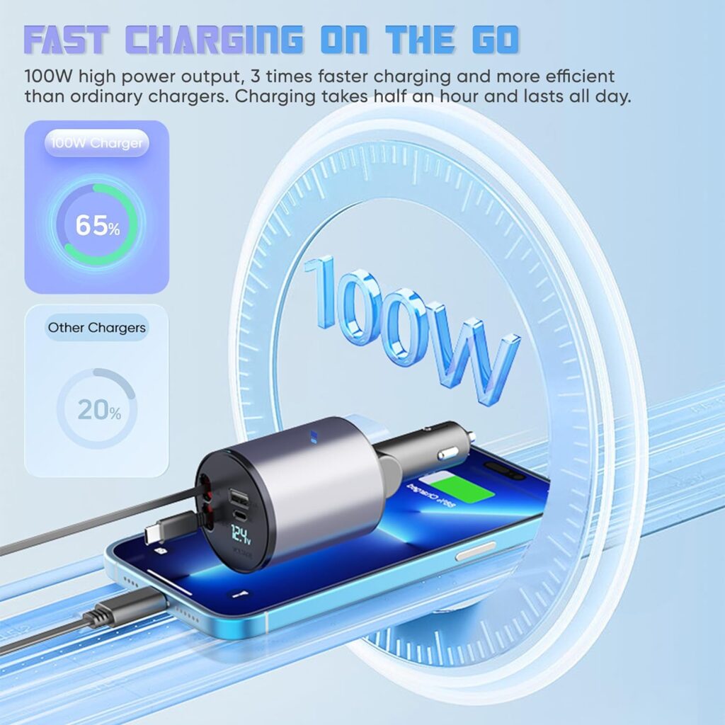 Retractable Car Charger with 100W, Car Fast Charger Double TypeC, Retractable Cables (31.5 inch) and 2 Charging Ports, Compatible with iPhone 15/14/13/12 Pro Max XR, iPad, Samsung, Pixel