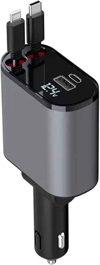 Retractable Phone Charger - Fast Car Charger USB C - Retractable Phone Charger 4 in 1 Retractable Car Charger - Retractable Charger for Apple and Android USB C - Car Gadgets, Car Must Haves