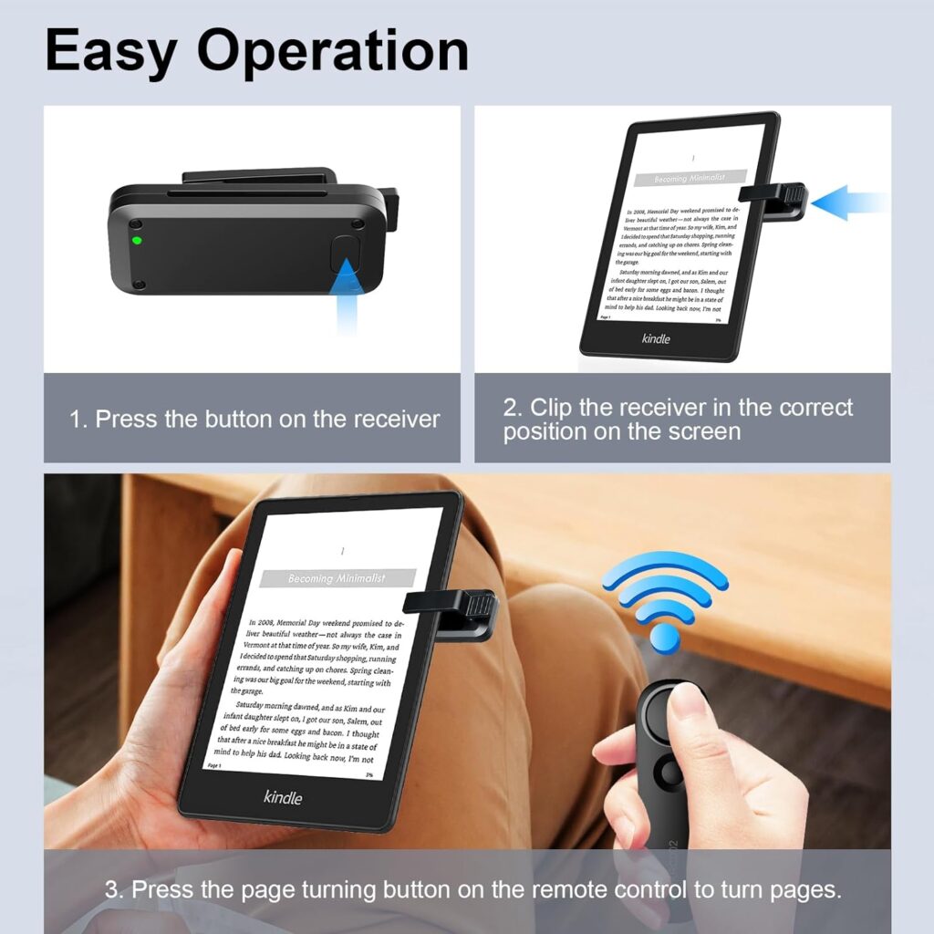 RF Remote Control Page Turner for Kindle Reading, E-Reader Controller Wireless Page Turner, Camera Remote Shutter Selfie Controller, for E-book iPad iPhone Android Comics, Storage Bag Included