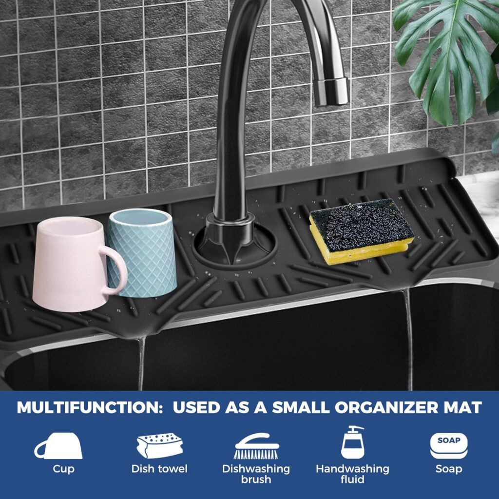 Silicone Faucet Handle Drip Catcher Tray Mat, Silicone Faucet Mat Dish Soap Sponge Holder for Kitchen Sink Accessories Gadgets, Drying Mat for Kitchen Counter Bathroom Kitchen Sink Splash Guard -Grey
