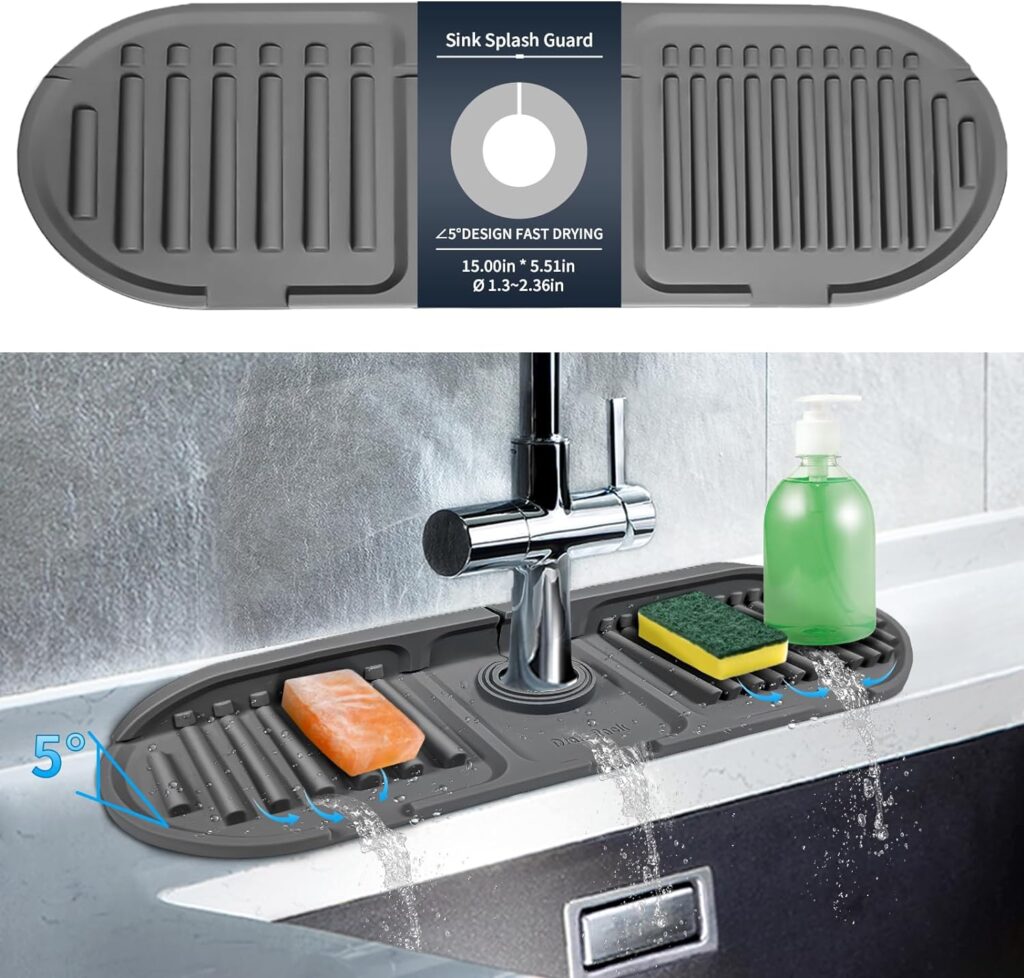 Silicone Sink Faucet Mat Splash Guard, 5° Faucet Handle Drip Catcher Tray Mat, Versatile Dish Soap Sponge Holder for Kitchen Sink Accessories Gadgets, Drying Mat for Kitchen Bathroom Counter, Gray