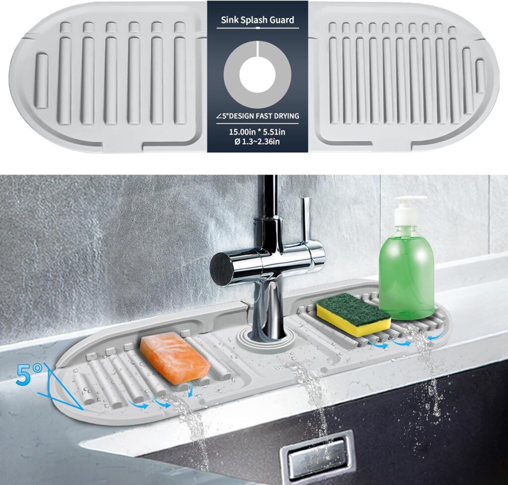 Silicone Sink Faucet Mat Splash Guard, 5° Faucet Handle Drip Catcher Tray Mat, Versatile Dish Soap Sponge Holder for Kitchen Sink Accessories Gadgets, Drying Mat for Kitchen Bathroom Counter, Gray