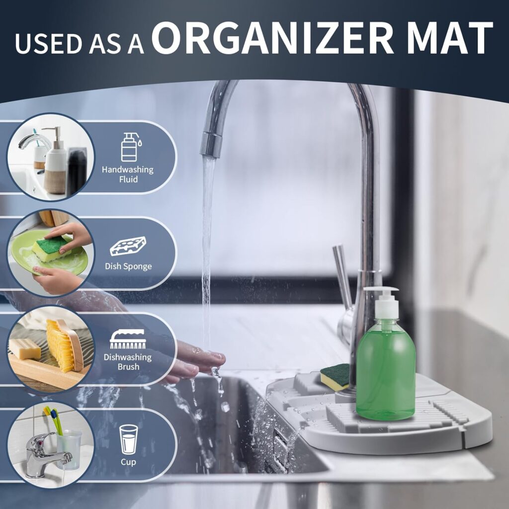 Silicone Sink Faucet Mat Splash Guard, 5° Faucet Handle Drip Catcher Tray Mat, Versatile Dish Soap Sponge Holder for Kitchen Sink Accessories Gadgets, Drying Mat for Kitchen Bathroom Counter, Gray