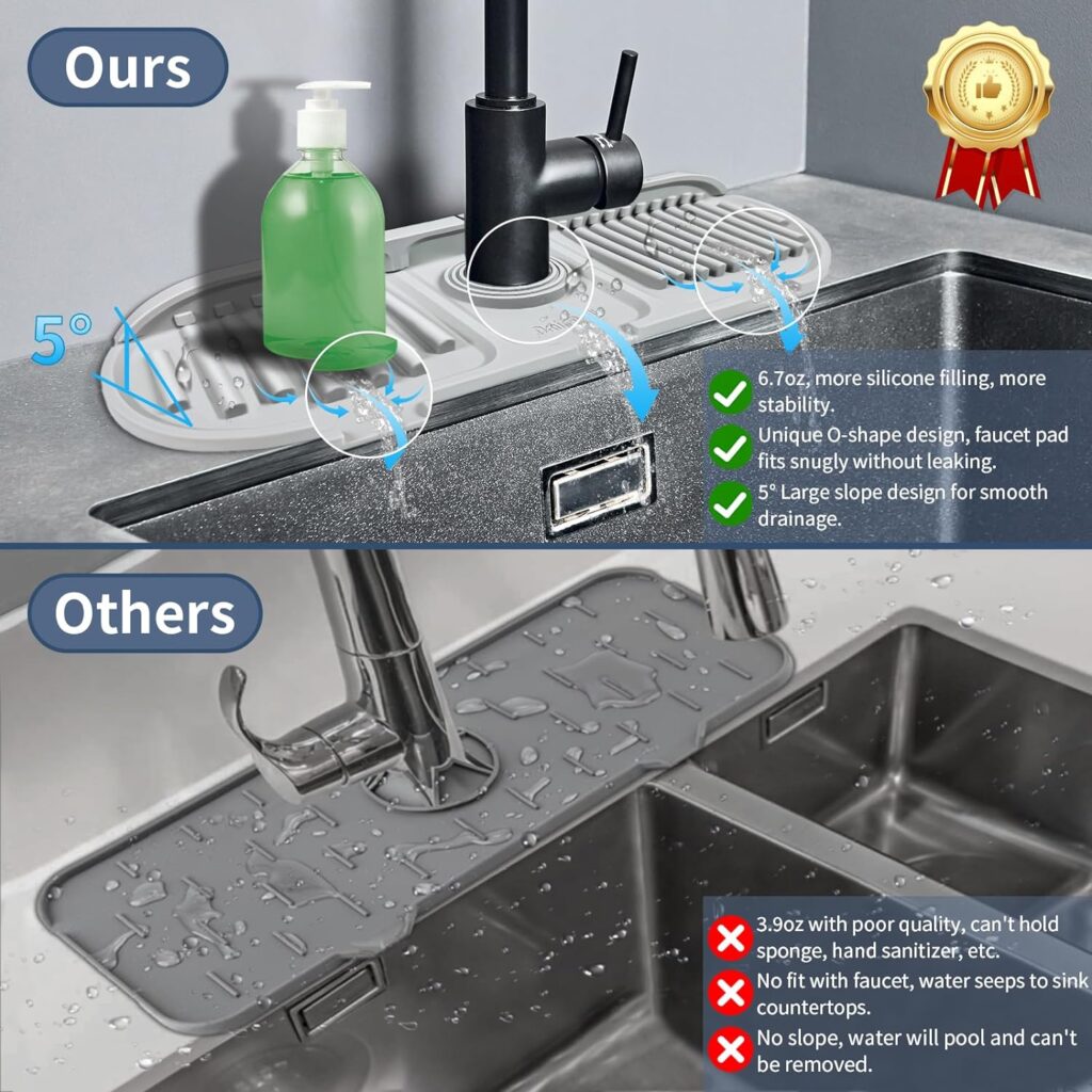 Silicone Sink Faucet Mat Splash Guard, 5° Faucet Handle Drip Catcher Tray Mat, Versatile Dish Soap Sponge Holder for Kitchen Sink Accessories Gadgets, Drying Mat for Kitchen Bathroom Counter, Gray