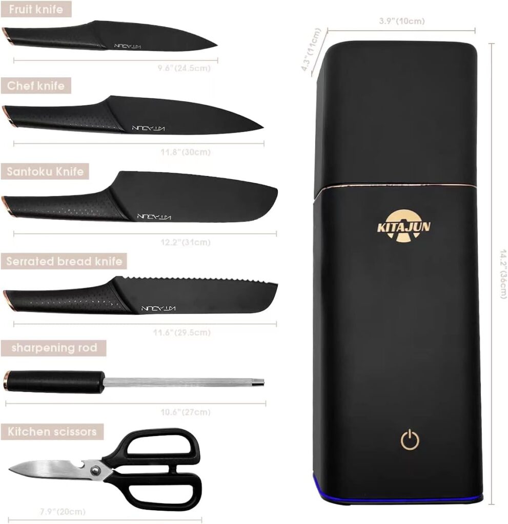 Smart Kitchen Knife Set with block，6 pieces Stainless Steel knives Built-in sharpening rod. Smart Knife block keep cleaning and drying，kitchen smart gadgets smart kitchen appliances (Black)