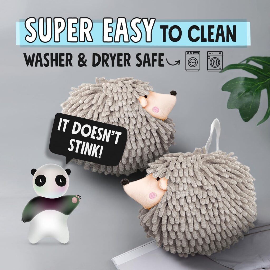 Sophie  Panda Fuzzy Ball Hand Towels (Set of 2) - Dry Your Hands Instantly and conveniently with This Creative Hand Towel Hedgehog Decorative Towels for Bathroom (Pack of 2, Mint)