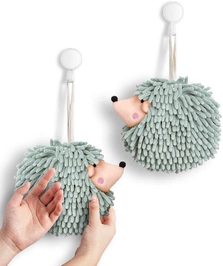 Sophie  Panda Fuzzy Ball Hand Towels (Set of 2) - Dry Your Hands Instantly and conveniently with This Creative Hand Towel Hedgehog Decorative Towels for Bathroom (Pack of 2, Mint)