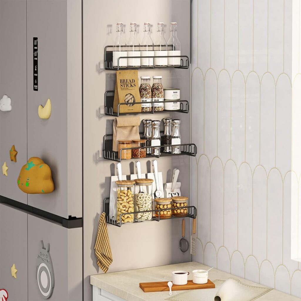 Spice Rack Organizer, 4 Pack Magnetic Spice Rack for Refrigerator, Seasoning Spice Organizer, Magnet Spice Racks, Magnetic Shelf for Refrigerator, Kitchen Organizers and Storage