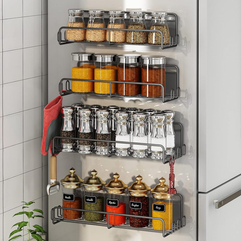 Spice Rack Organizer, 4 Pack Magnetic Spice Rack for Refrigerator, Seasoning Spice Organizer, Magnet Spice Racks, Magnetic Shelf for Refrigerator, Kitchen Organizers and Storage