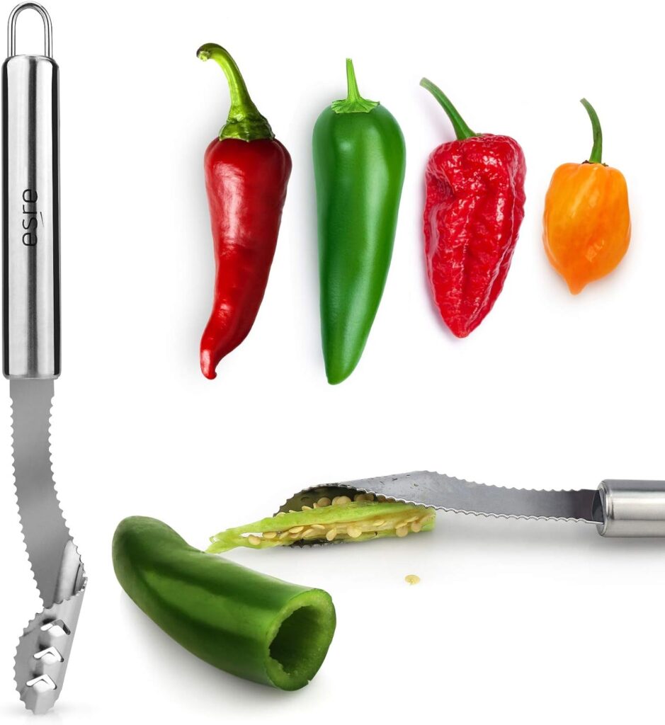 Stainless Steel Pepper Core Remover, Jalapeno Pepper Corer Tool Chili Deseeder, Sharp Edge Kitchen Gadget Seed Remover Dishwasher Safe, Slice off Vegetables tops for Barbecue