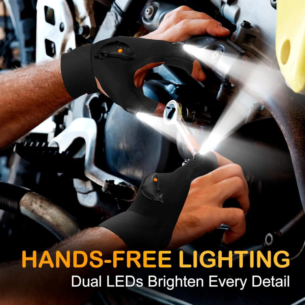 Stocking Stuffers for Men Flashlight Gloves: LED Waterproof Tool Gifts Unique Christmas Birthday Gifts for Men Dad Him Adults Husband Guy Brother - Mechanic Hands-Free Cool Gadgets Fishing Camping