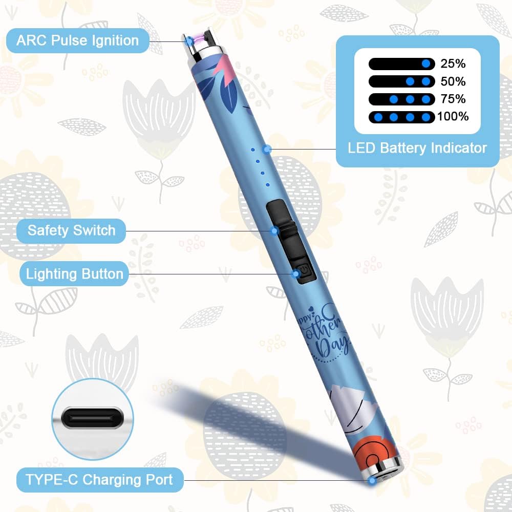 SUPRUS Lighter Electric Candle USB Type C Rechargeable Lighter with Upgraded LED Battery Display Safety Switch Flameless Plasma Windproof for Cooking BBQs Fireworks