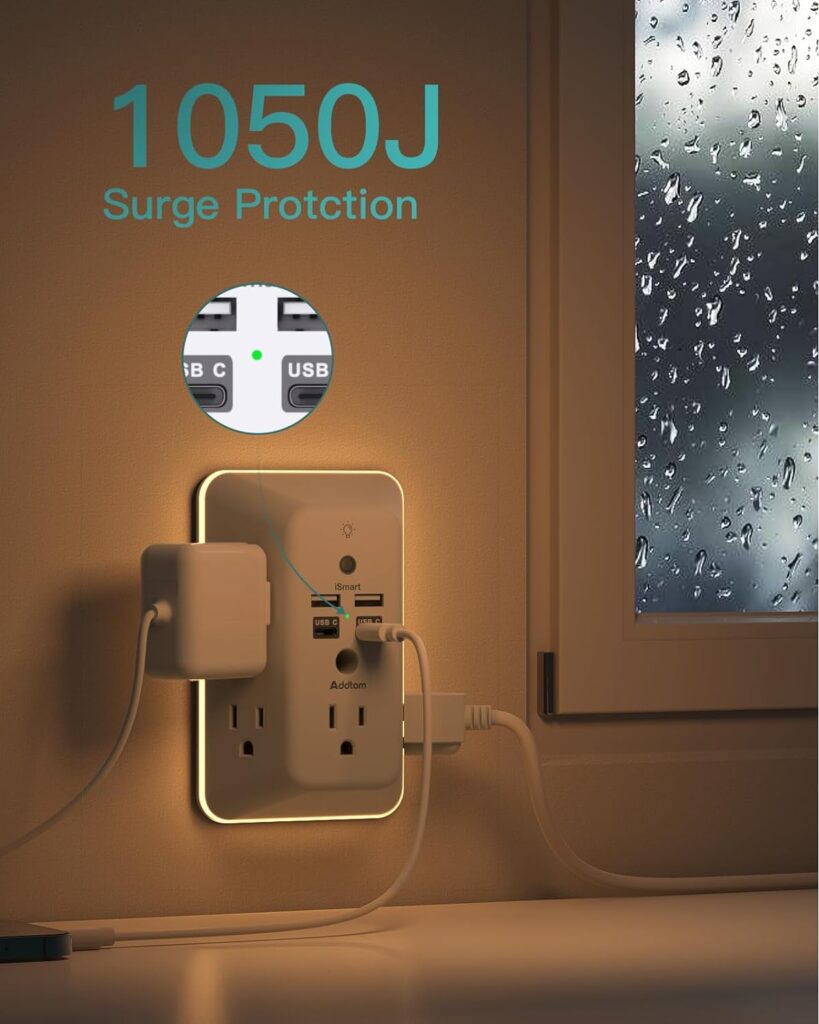 Surge Protector, Multi Plug Outlet Extender with Night Light for Home, Office, School, Addtam 5-Outlet Splitter and 4 USB Ports(1 USB C), Wall Charger Power Strip, ETL Listed