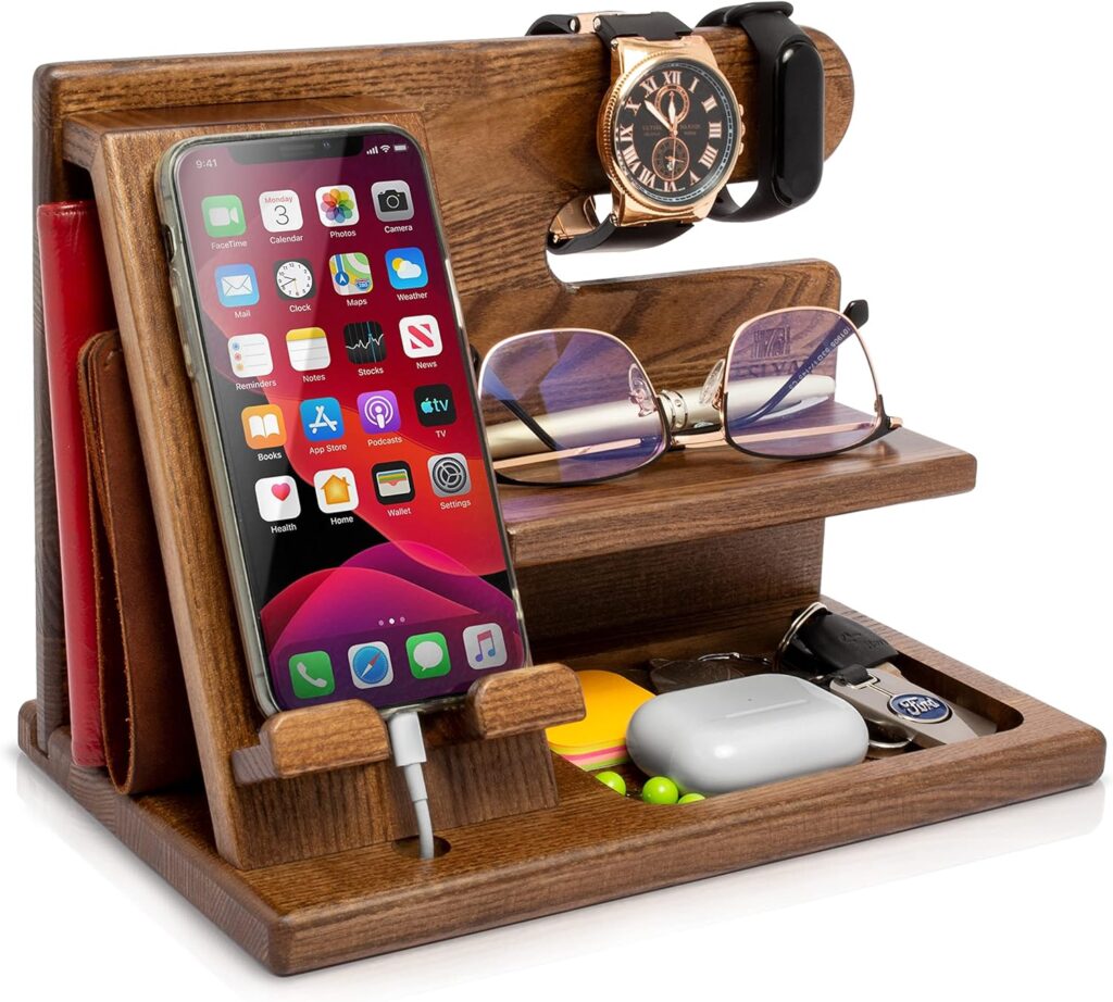 TESLYAR Wood Phone Docking Station Ash Key Holder Wallet Stand Watch Organizer Men Gift Husband Wife Anniversary Dad Birthday Nightstand Purse Father Graduation Male Travel Idea Gadgets… (Deep Brown)