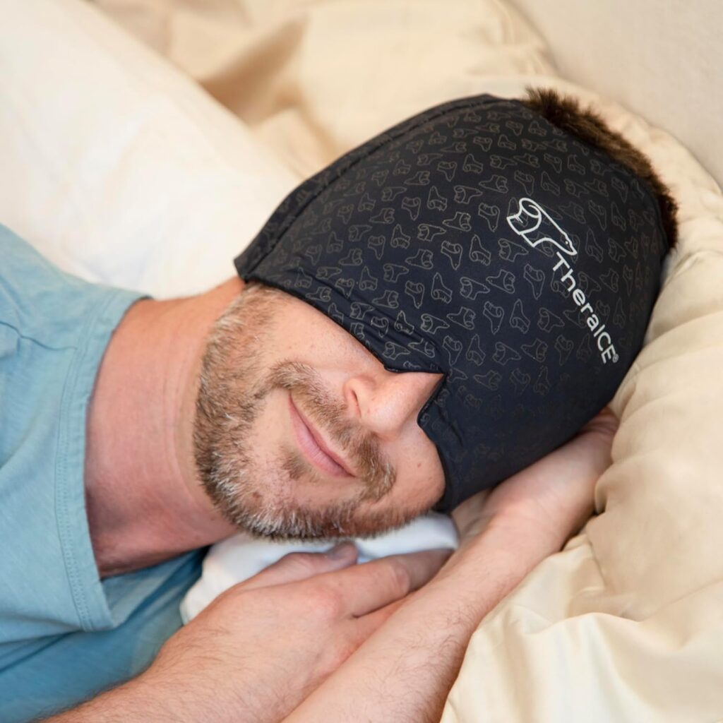 TheraICE Migraine Relief Cap, Soothing Headache Ice Pack Mask Products, Cooling Gel Hat, Face Cold Compress Head Wrap for Tension, Stress  Hangover