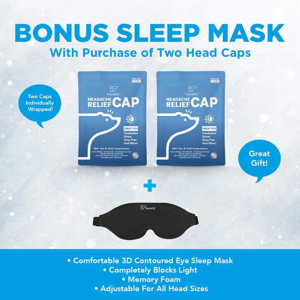 TheraICE Migraine Relief Cap, Soothing Headache Ice Pack Mask Products, Cooling Gel Hat, Face Cold Compress Head Wrap for Tension, Stress  Hangover