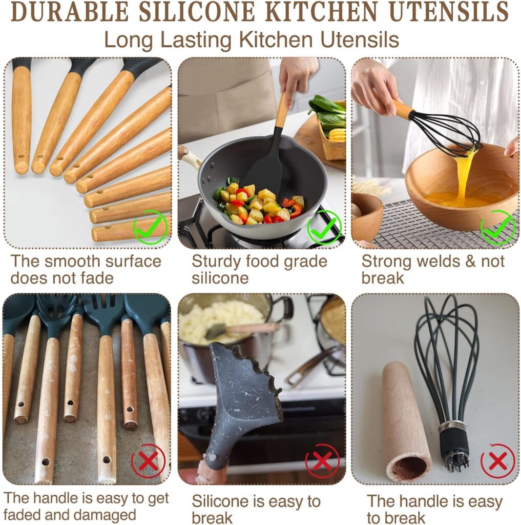 Umite Chef Kitchen Cooking Utensils Set, 33 pcs Non-Stick Utensils Spatula Set with Holder, Black Wooden Handle Silicone Kitchen Gadgets