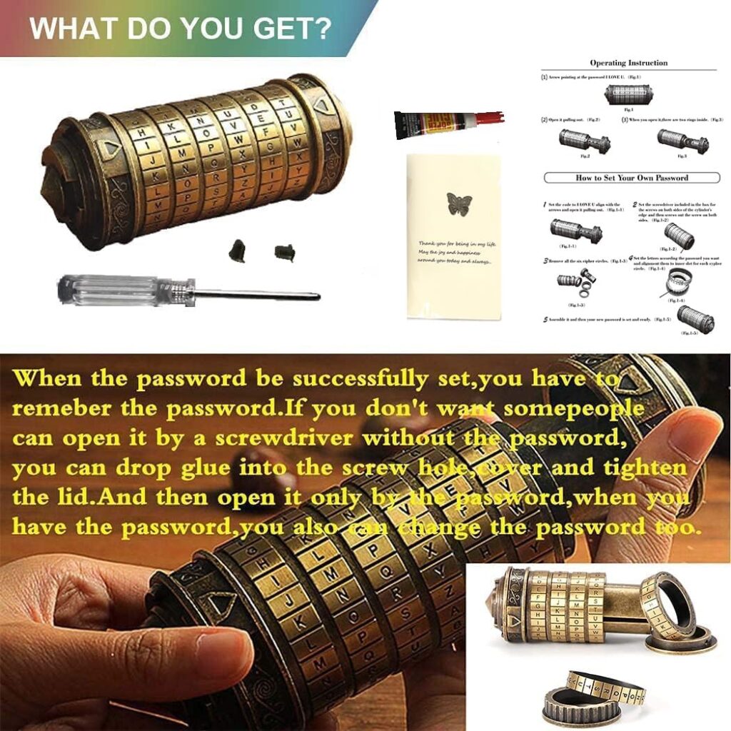 Unique Valentines Gift Cryptex Da Vinci Code Mini Cryptex Lock Puzzle Boxes with Hidden Compartments Heavy Real Metal Novelty Birthday Gifts Big Enough for Notes,Paper Money,Rings,Jewelry (Bronze)