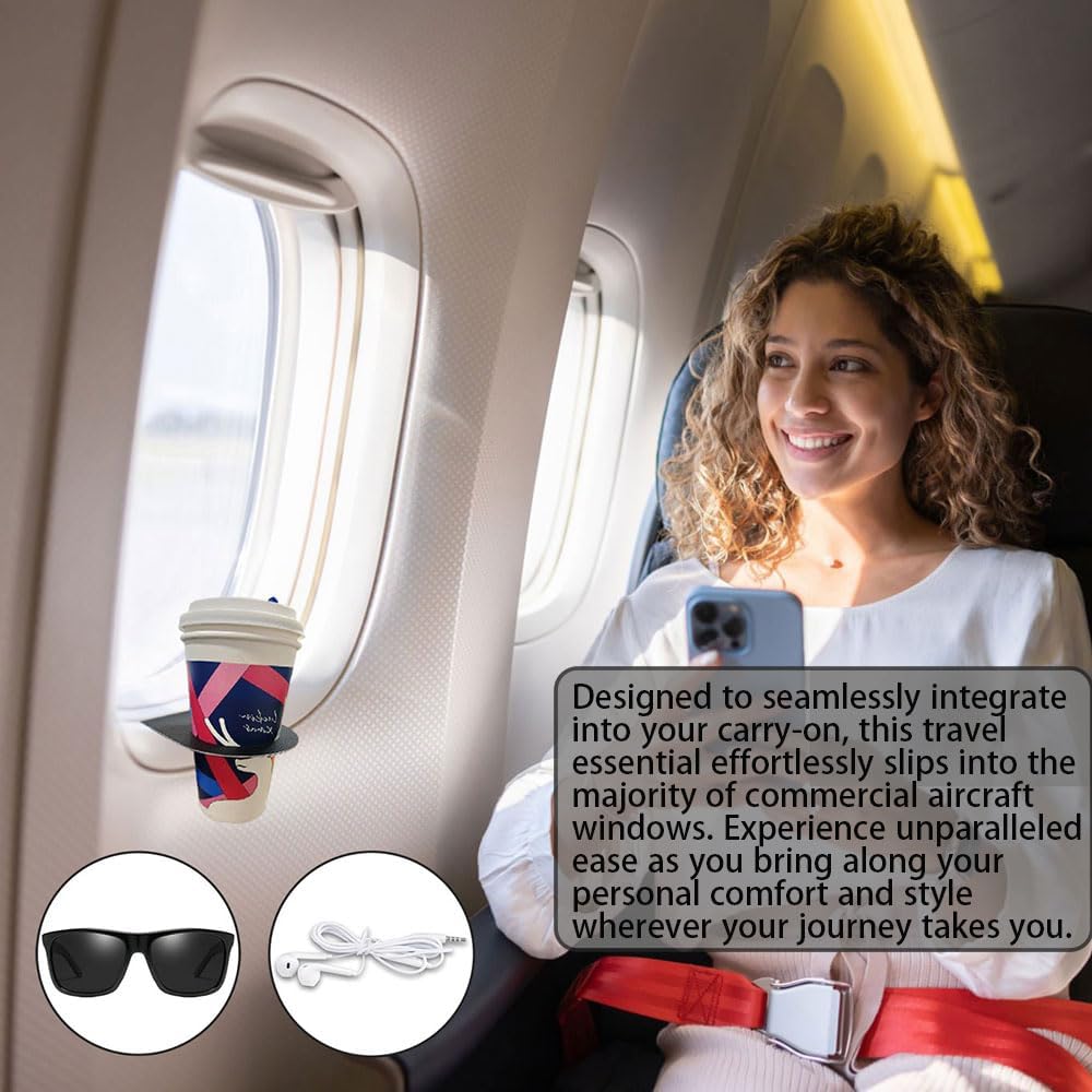 Universal Airplane Window Drink Gadget Holder, Plane Travel Essentials Accessories, Flex Cell Phone Holder Stand for Flying Driving Home Desk [U.S Patent Pending] (Black)