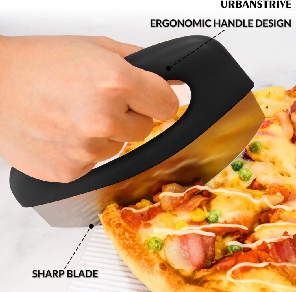 Urbanstrive Heavy Duty Stainless Steel Pizza Cutter with Cover, Super Sharp Blade Pizza Knife Pizza Cutter Rocker, Perfect Kitchen Gadgets for Pizza Cutting Home Essentials, Black