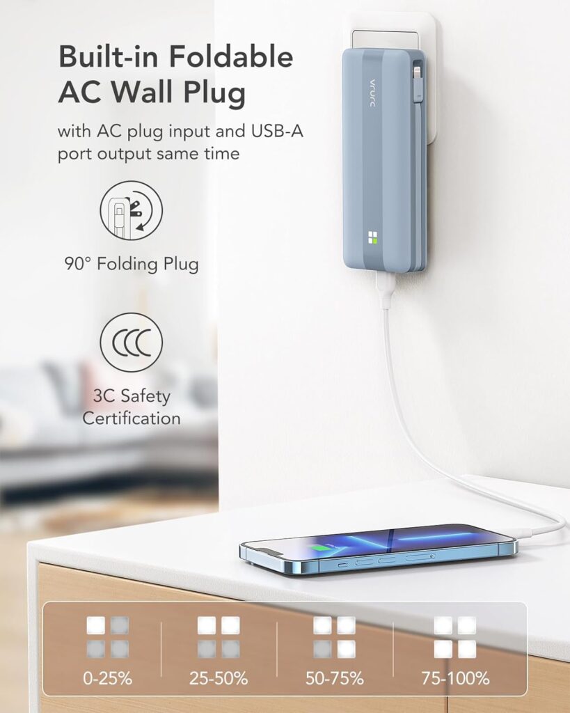 VRURC Portable Charger Built-in Cables and AC Wall Plug, USB C Power Bank 10000mAh, [2023 Upgraded Version] Phone Charger Compact Lightweight External Battery Pack for Smart Phones, Tablets etc-Blue