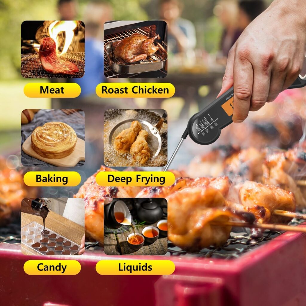Waterproof Instant Read Digital Meat Thermometer for Cooking and Grilling, Food Thermometer with Backlight, Magnet, Calibration, and Foldable Probe, Bottle Cap Opener for Kitchen Gadgets, BBQ, Grill